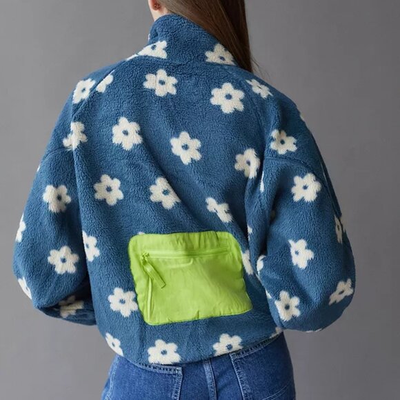 Urban Outfitters UO Stormi Flower Print Fleece Jacket, Blue/Green, Size Small - Picture 3 of 5